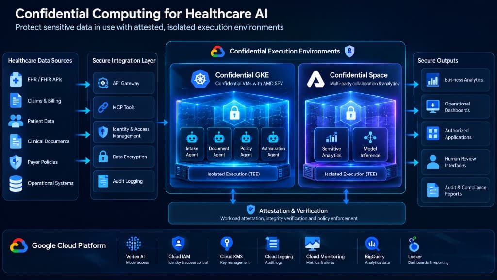 Confidential Computing for Healthcare AI architecture with Confidential GKE, Confidential Space, and secure outputs