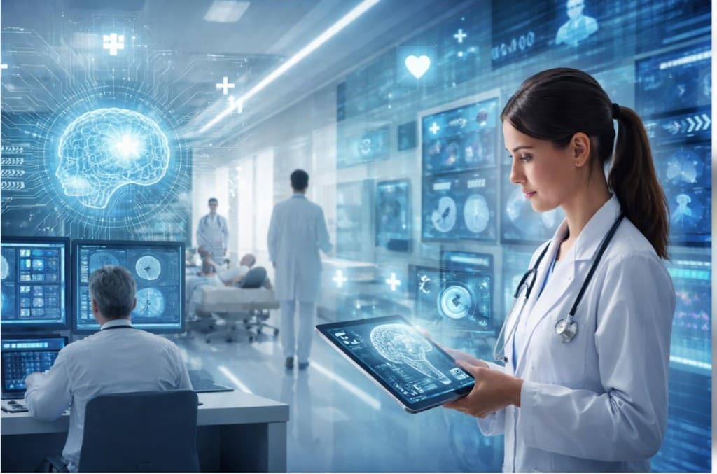 Healthcare professional reviewing AI-assisted clinical intelligence